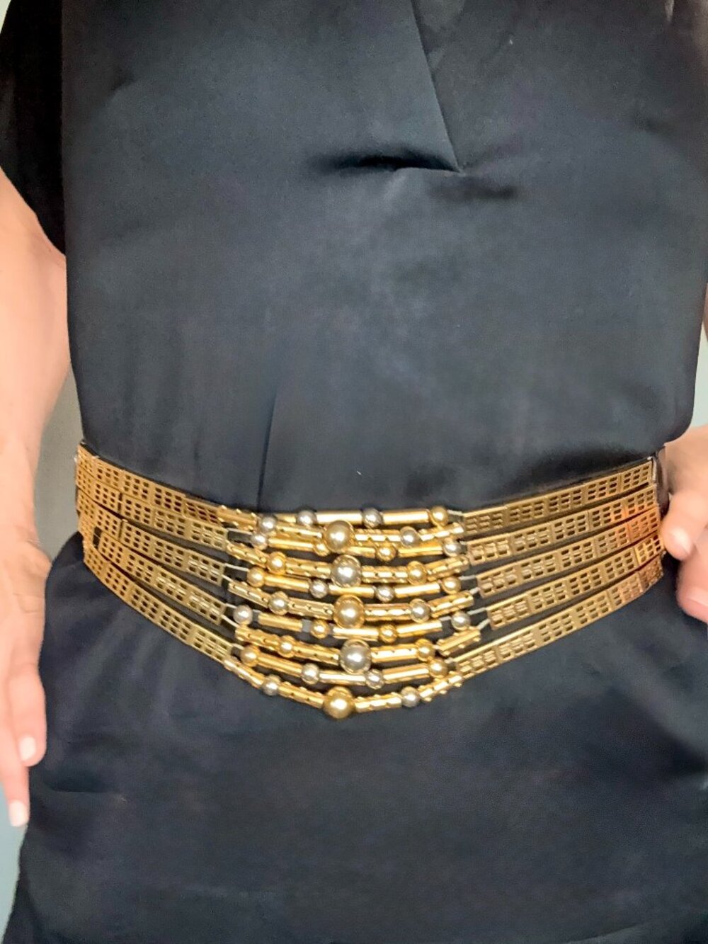 Vintage Avignon Spain Multi Strand Gold Statement Belt Black Leather S